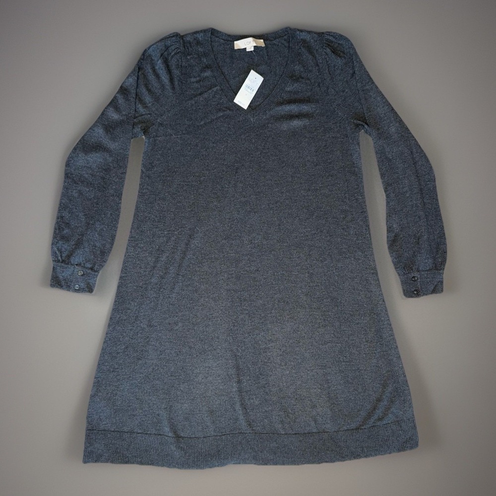 NWT Loft Grey Sweater Dress V Neck Ribbed Long Sleeves Button Cuffs‎ Small